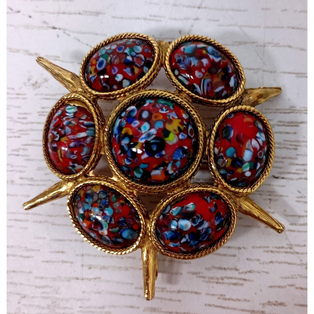 VTG 60s Millefiori Glass Star Brooch Red Multi Gold Tone Metal BOHO MCM